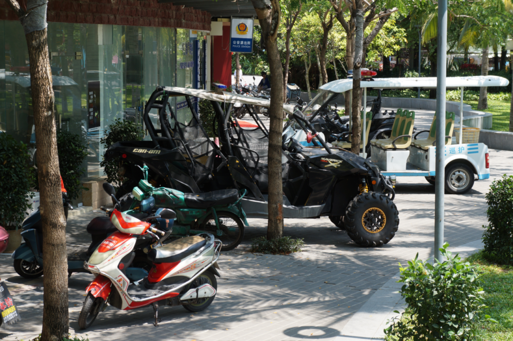 Police buggy near the police station in Da Dong Hai Park, Sanya, Hainan, China.