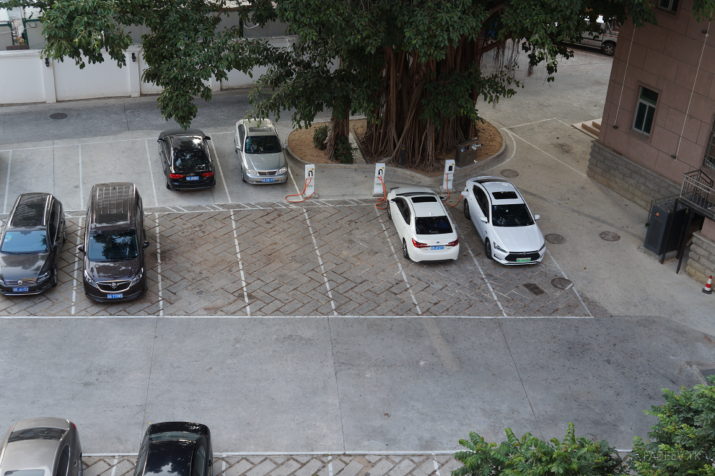 Charging stations for electric cars in the parking lot, Sanya, Hainan Island, China