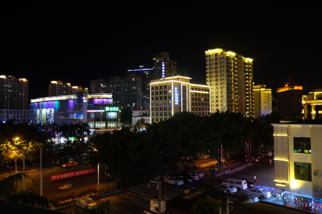 Night balcony view from Linda Seaview Hotel rooms at Da Dong Hai Park, Sanya, Hainan, China