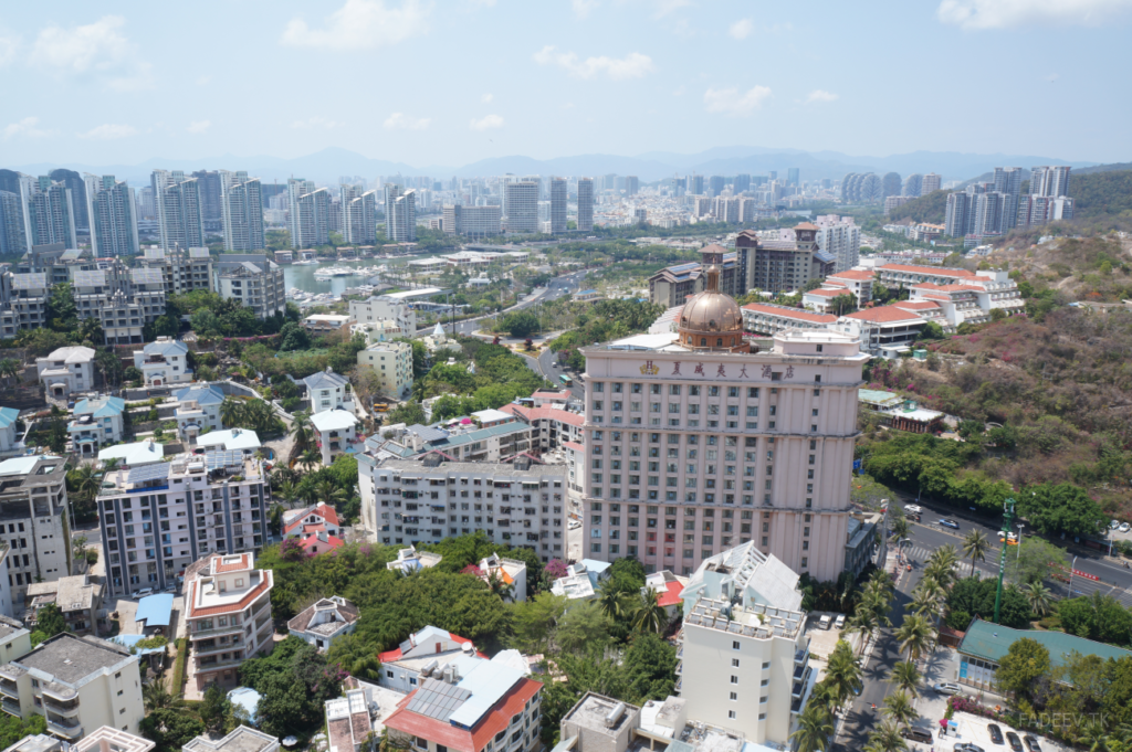 Top floor view from the Barry Boutique Hotel. On the right side in a distance you can see the famous Tree houses. Sanya, Hainan Island, China