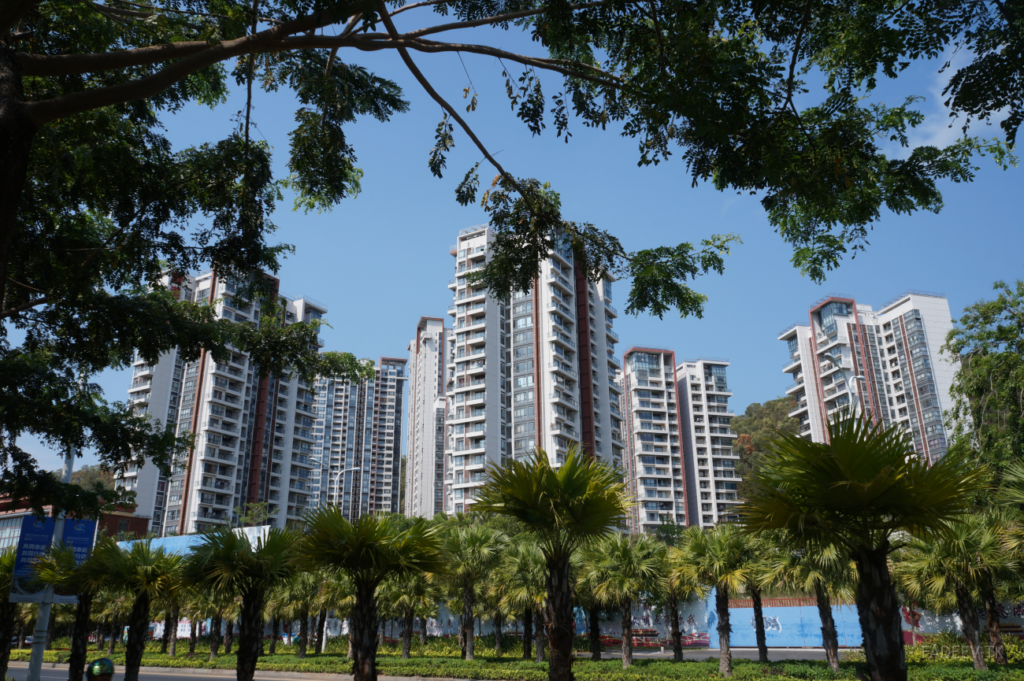 Palm trees on boulevard in front of residential buildings, Sanya, Hainan Island, China