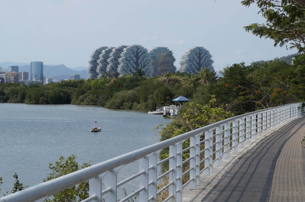 View of the Tree houses from the footbridge across the Lin Chun he River, Sanya, Hainan Island, China